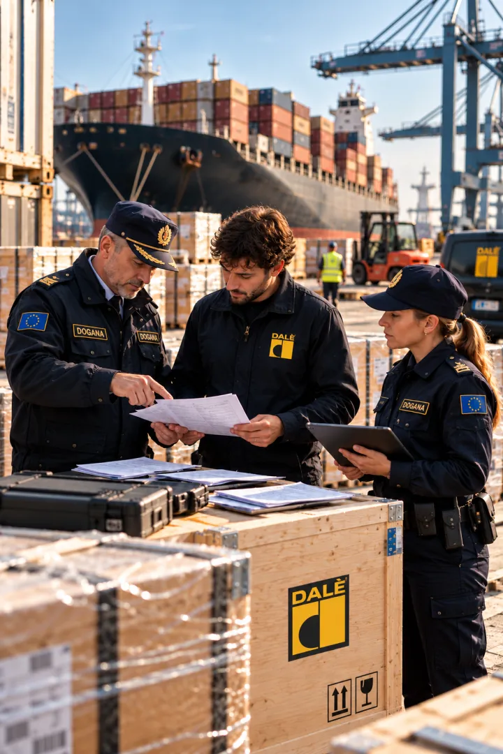 Operatore Dalè e funzionari doganali verificano i documenti in porto